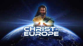 Christ for Europe logo, picture of Jesus with light protroding from his hands above the world