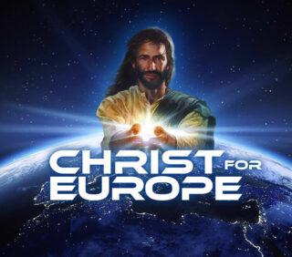 Christ for Europe logo, picture of Jesus with light protroding from his hands above the world